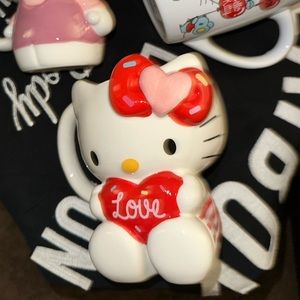 Hello kitty Valentines Day mug . 3D , full body , Red white and pink in color .